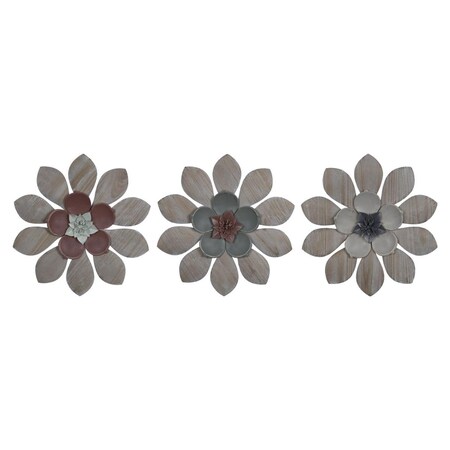 HomeRoots 389290 12.75 x 12.75 x 1 in. Multi Color Wood & Metal Flower Wall Decor Set of 3